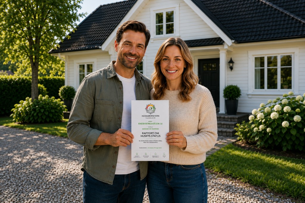 Husägare framför ett hus med sin Husbarometern-rapport
