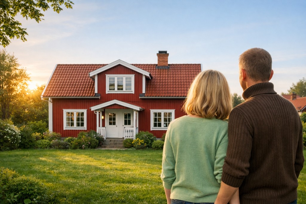 Par som tittar mot ett rött hus i kvällssol